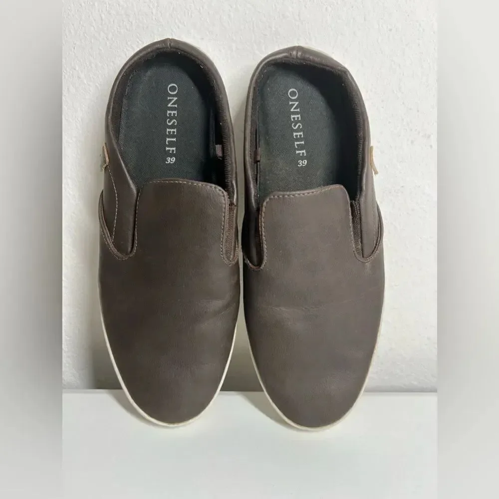 Oneself Men’s Genuine Leather Slip-On Flat Backless Brown Sz 39 EU/6,5 US
